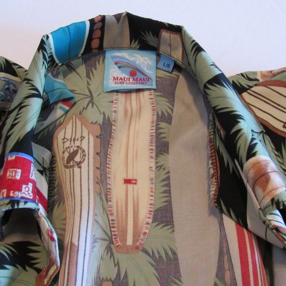 Hawaiian Shirt Maui Maui Surf Company Button Front Surf Boards Palm Trees Sz Lrg - Picture 10 of 12